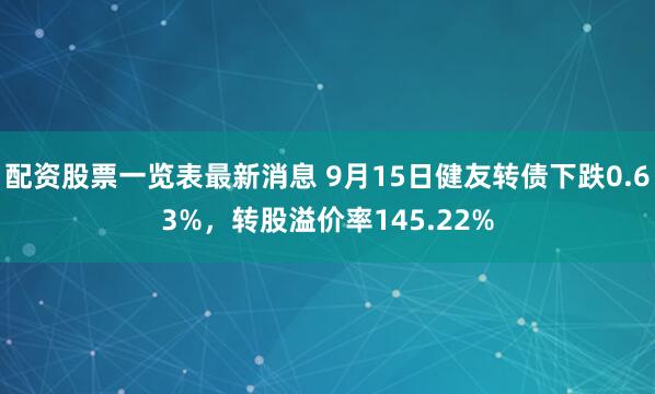 配资股票一览表最新消息 9月15日健友转债下跌0.63%，转股溢价率145.22%